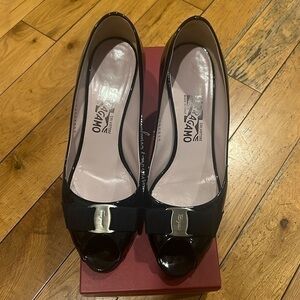 Black Patent Salvatore Ferragamo Peep Toes